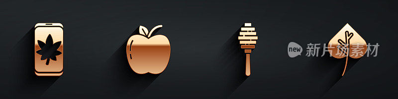 Set Leaf on mobile phone, Apple, Honey dipper stick and Leaf or leaves icon with long shadow. Vector